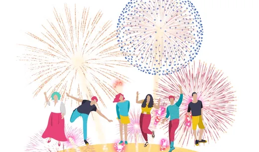 Six personnes dansent sous des feux d'artifice orange, bleus et roses, dessin sur fond blanc